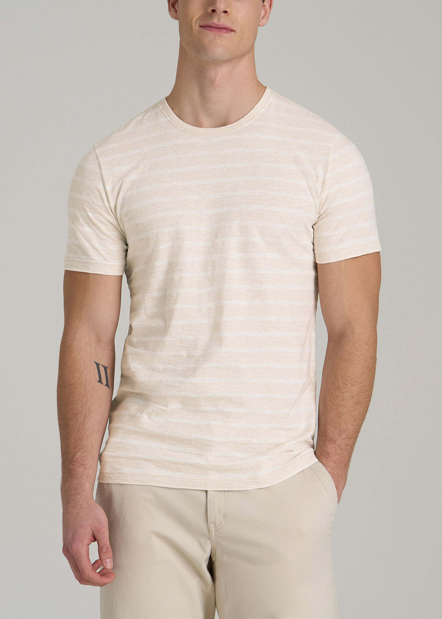 REGULAR-FIT Striped Tee for Tall Men in Heathered Oatmeal and White Stripe