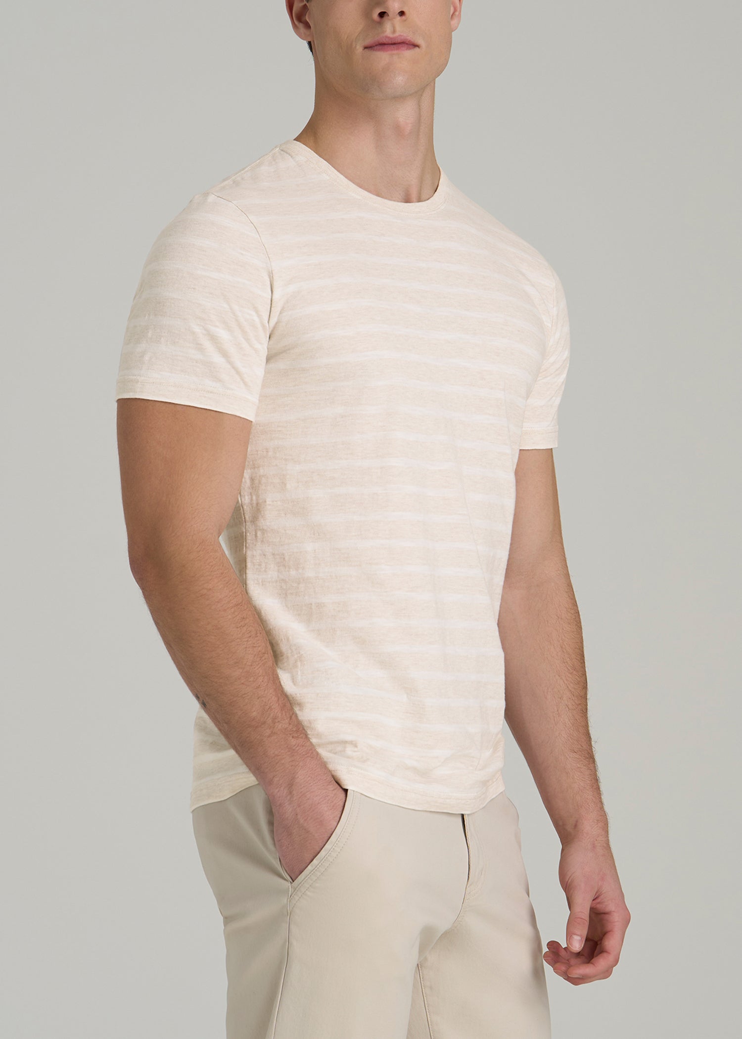 REGULAR-FIT Striped Tee for Tall Men in Heathered Oatmeal and White Stripe